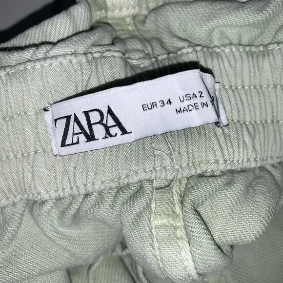 ZARA High Waisted Pastel Green 100% Cotton Women Paper Bag Shorts Size US 2 - Picture 8 of 10
